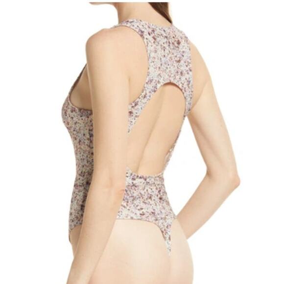 New ~ OPEN EDIT ~ NORDSTROM ~ Flower Fields High Crewneck Cutout Bodysuit S - Picture 2 of 10